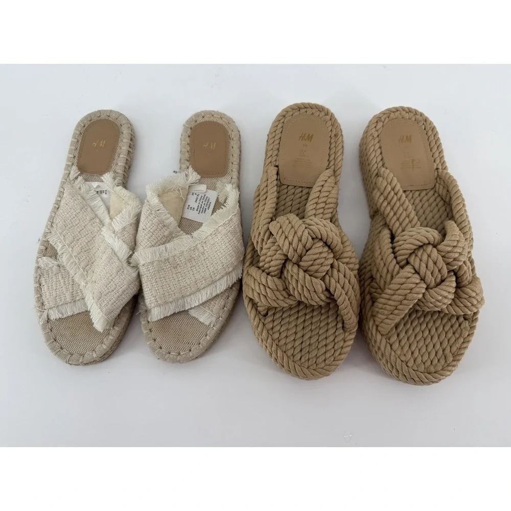 H&M Sandals Womens 8 Espadrille Slide Beige Slip On & Rope Knot Platforms Slides